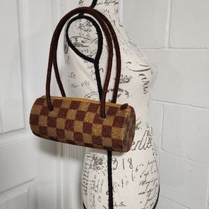 Vintage Shoulder Bag Cylinder Shape With Amber And Gold Checkered Glass Beads